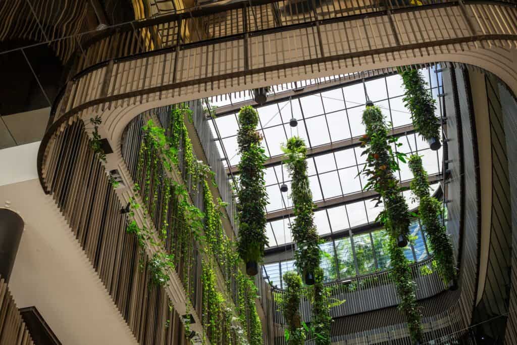 Interior atrium with hanging plants and a skylight, showing how biophilic design brings nature indoors