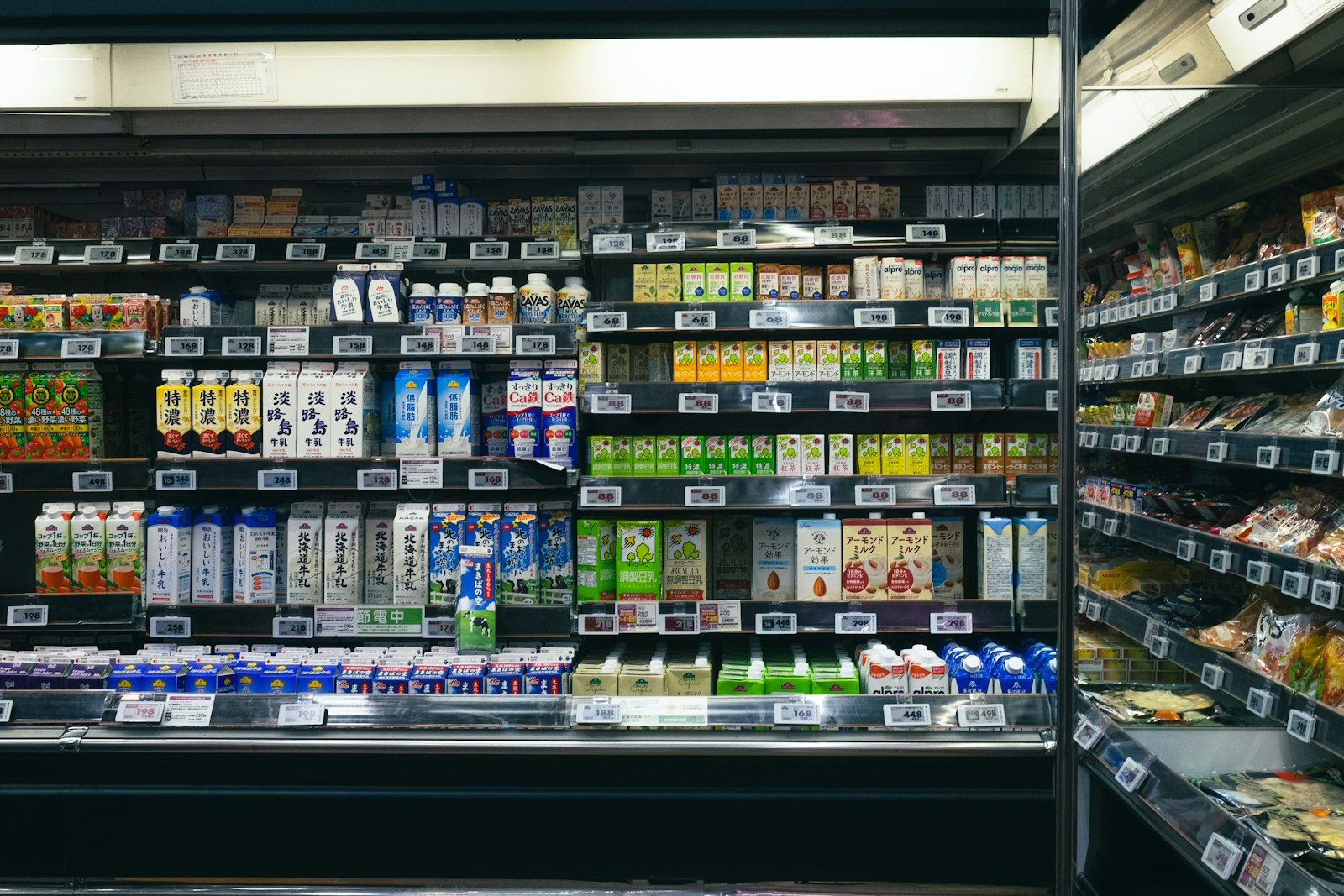 Shelves stocked with beverages and food items in a store, the kind of layout field teams record